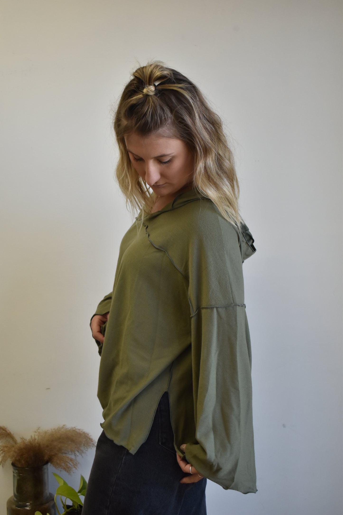 Bell Sleeve Olive Hooded Top