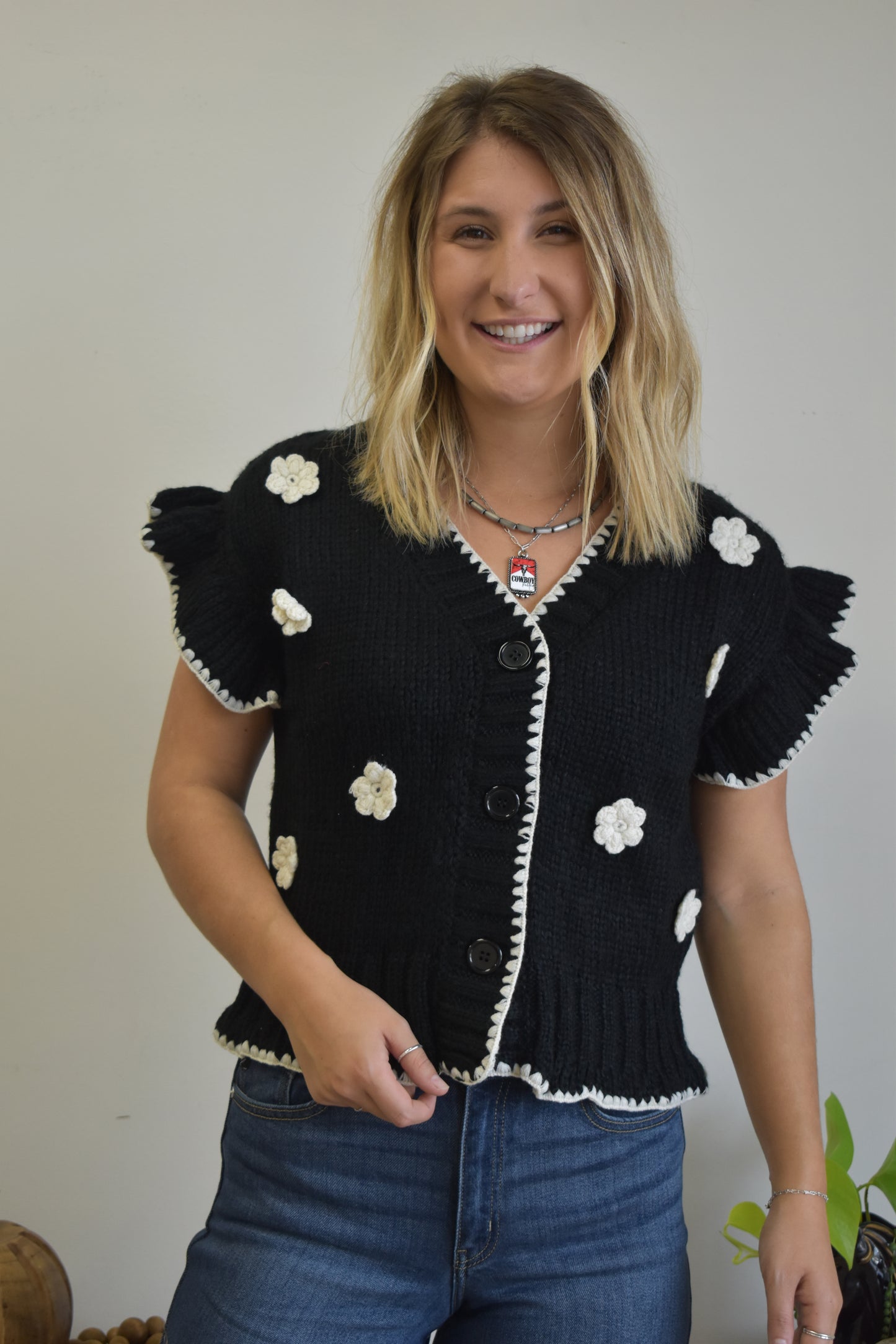 Crochet Floral Black Ruffle Cardigan