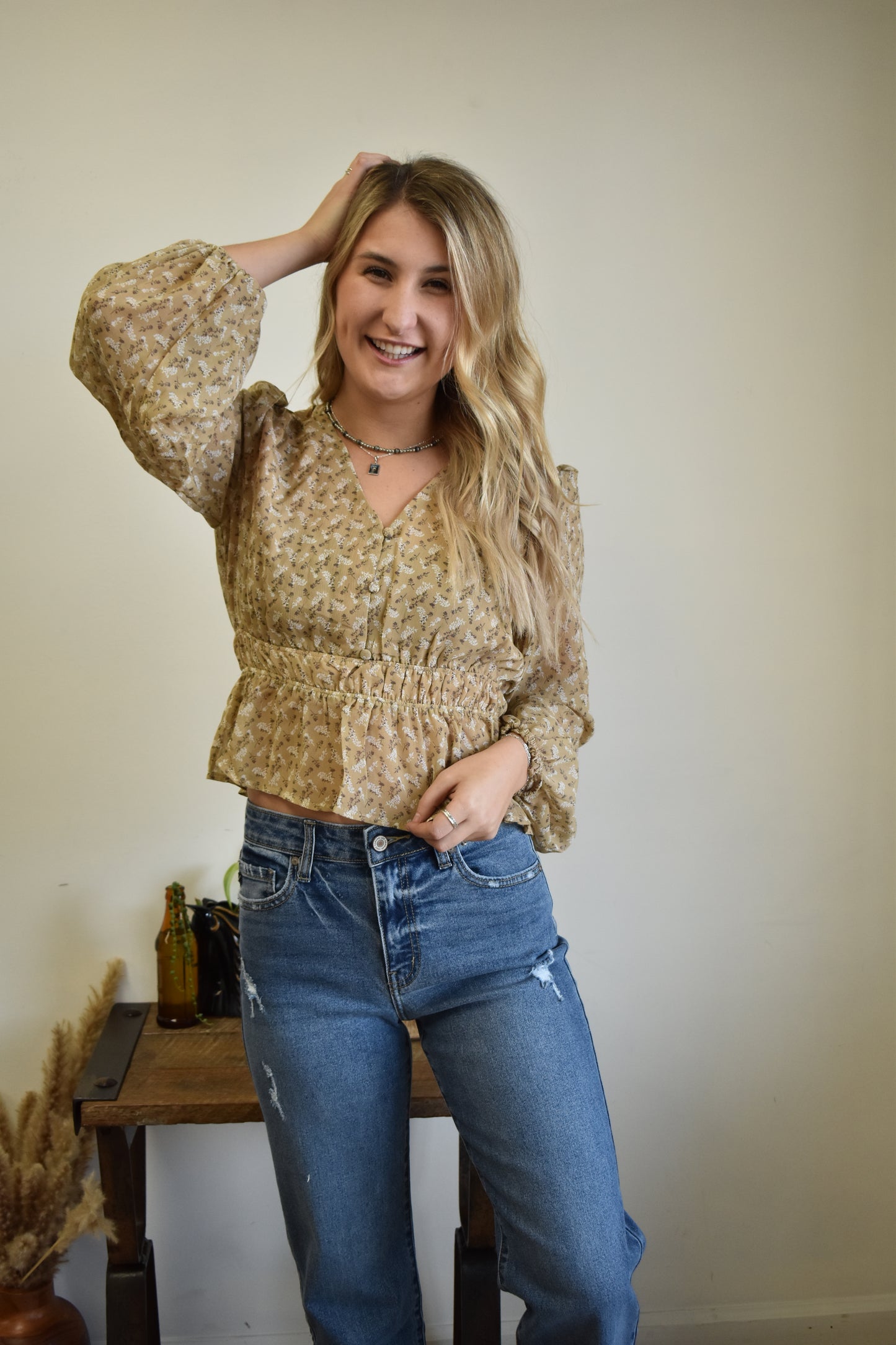 Taupe Peplum Floral Blouse