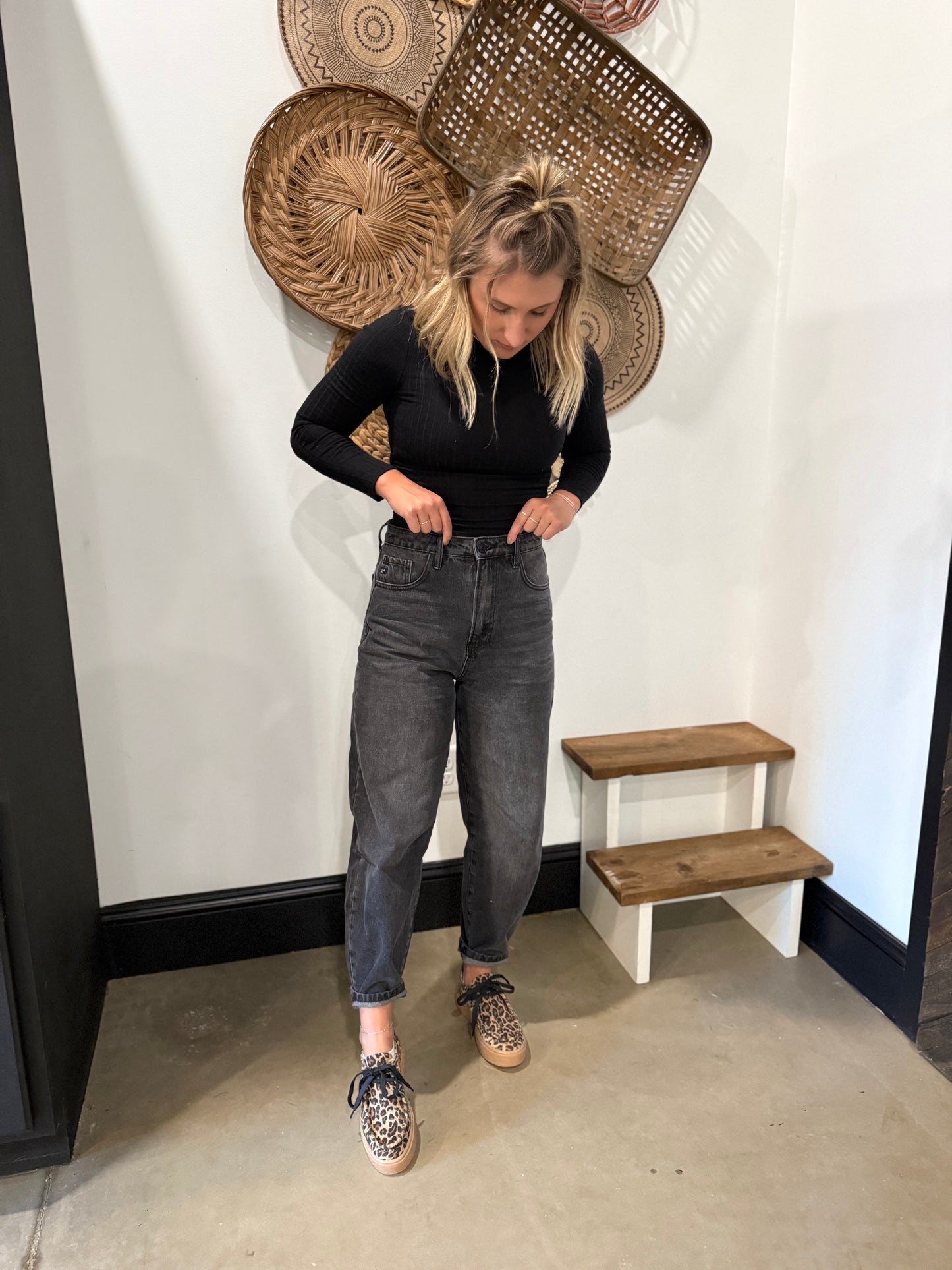 High Rise Black Barrel Leg Jeans