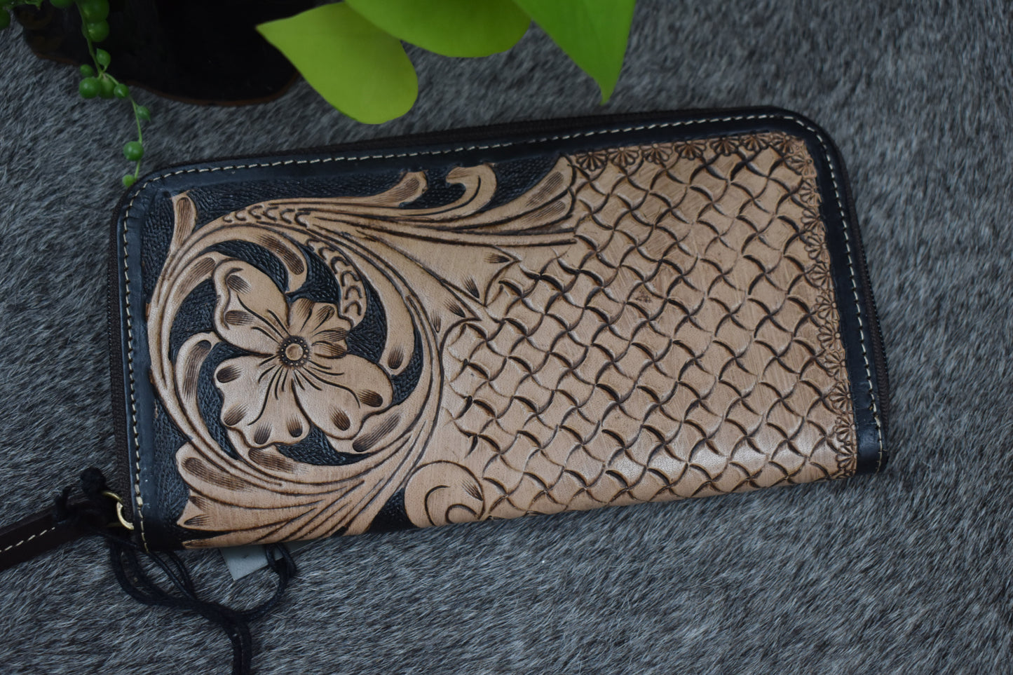 Black Leather & Floral Tooled Wallet
