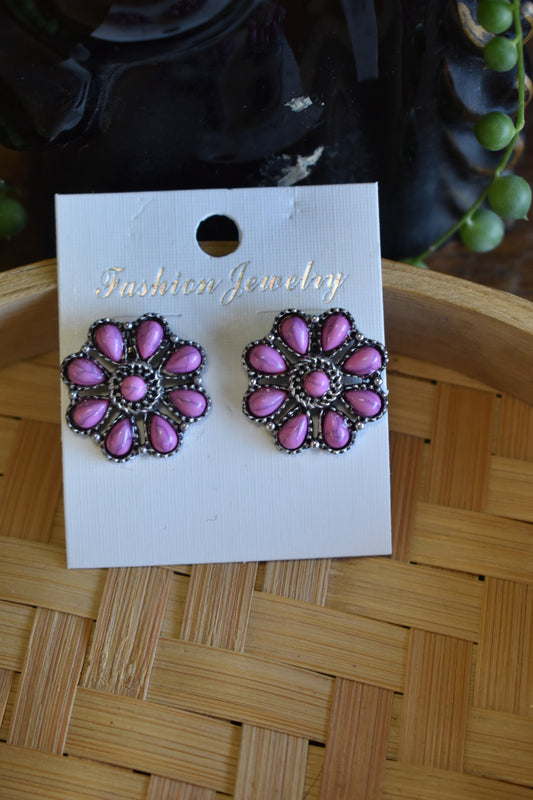Silver + Pink Stone Concho Earrings