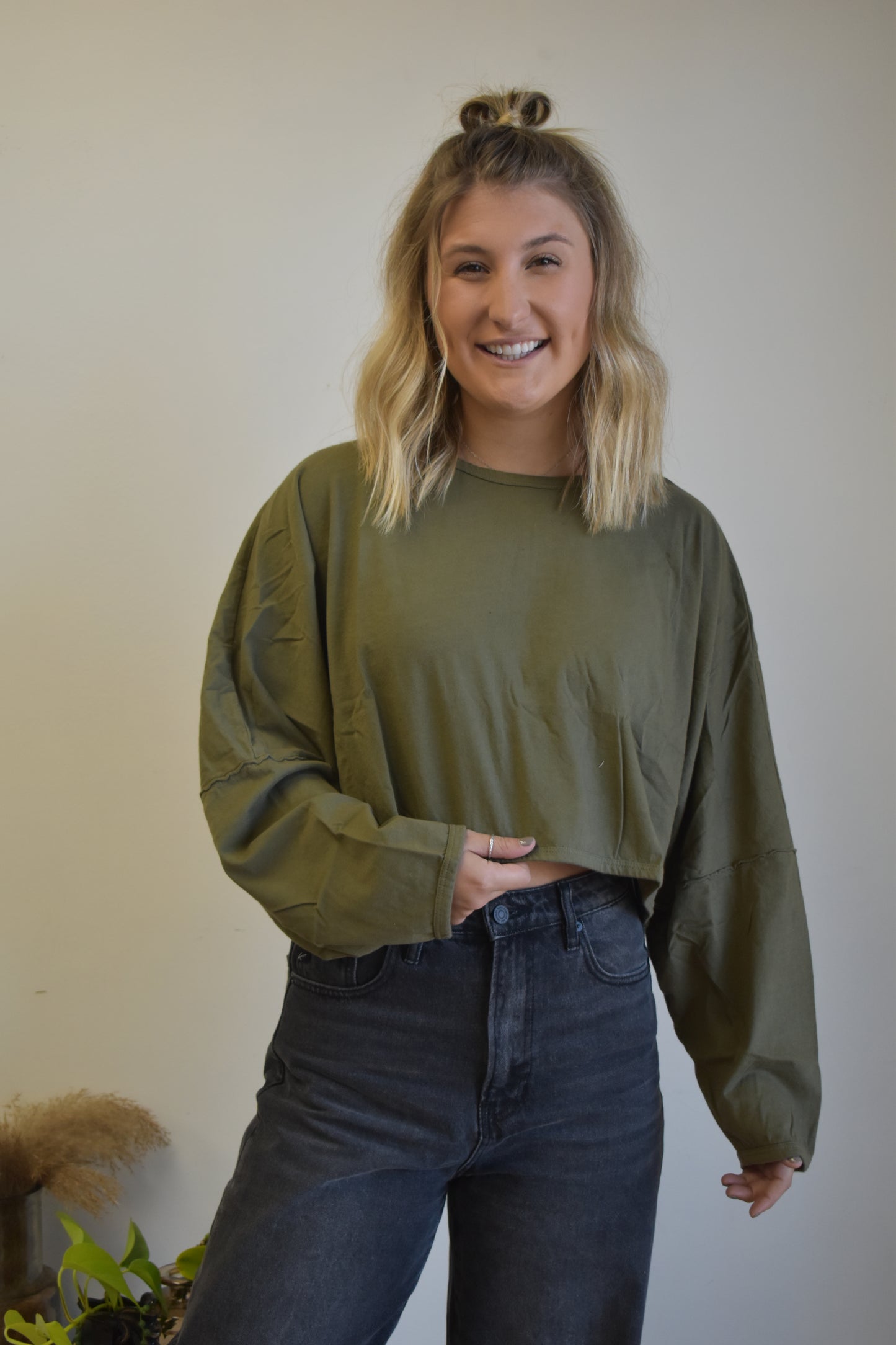 Olive Green Cropped Long Sleeve