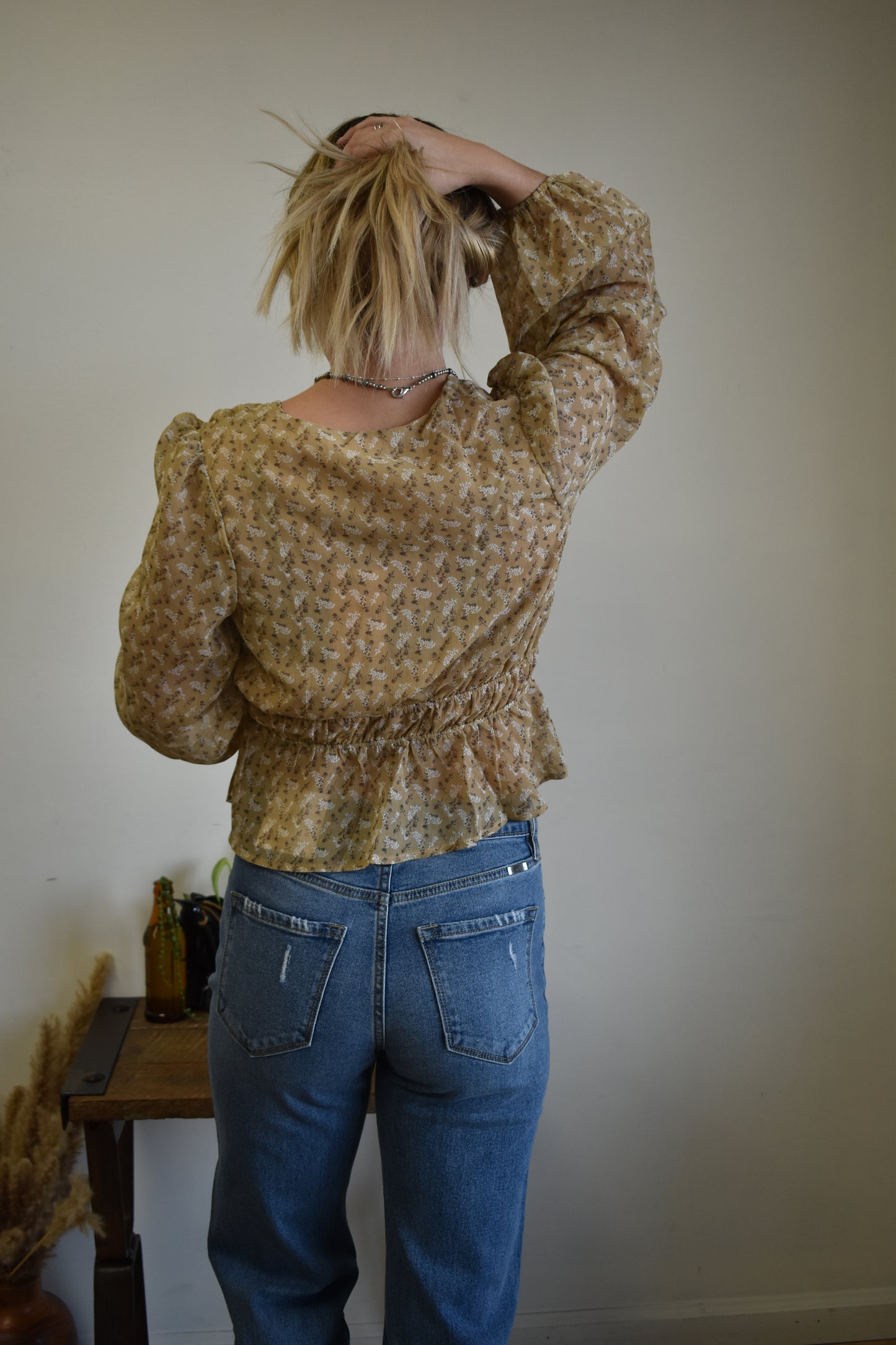 Taupe Peplum Floral Blouse