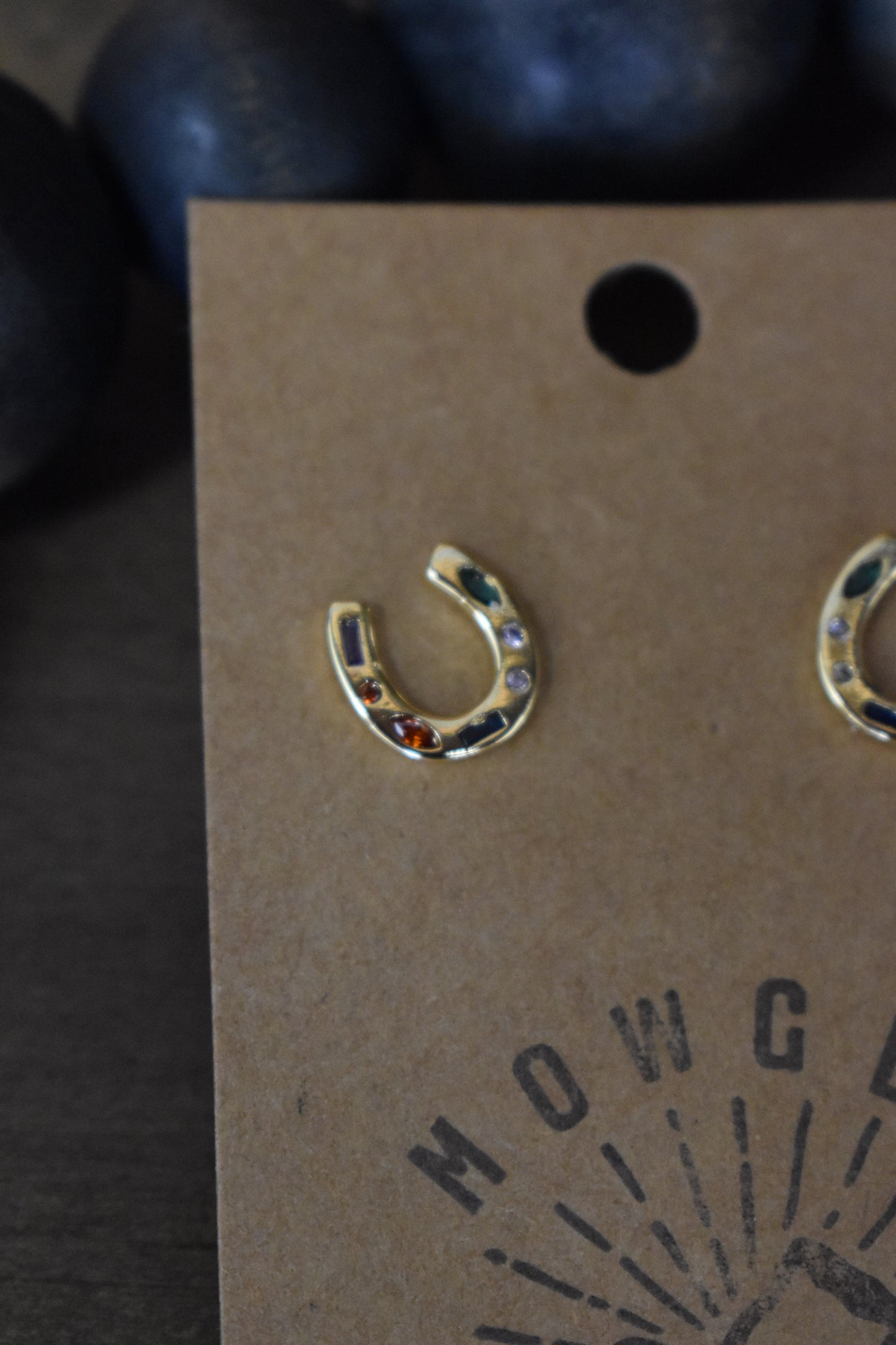 Stoned Horseshoe Gold Studs