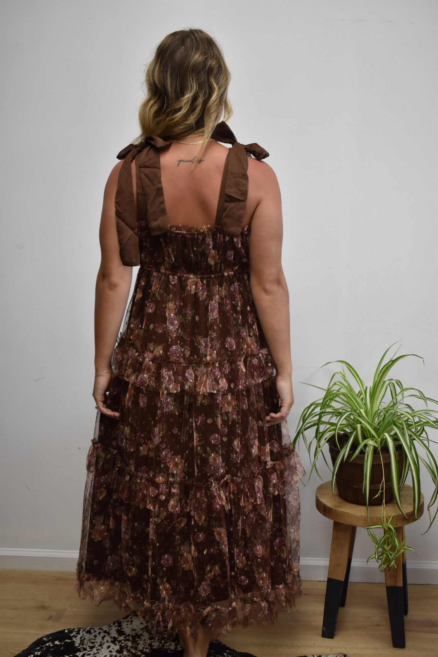Mocha Chiffon Tiered Midi Dress