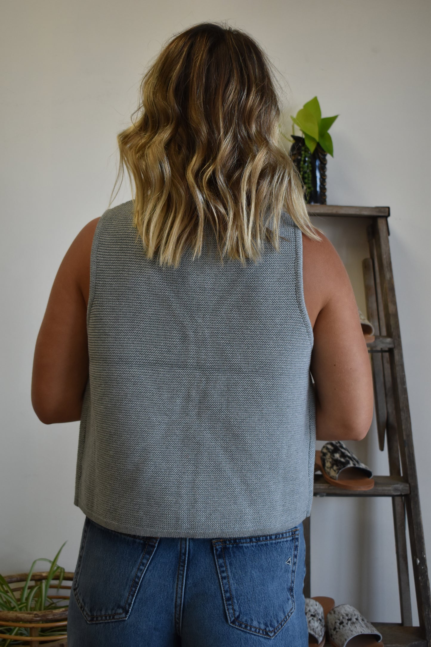 Waffle Knit Tie Tank: Heather Grey