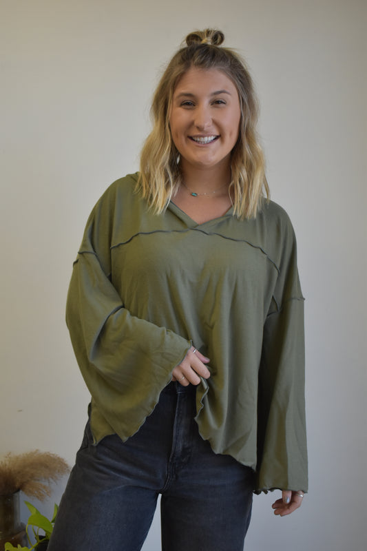 Bell Sleeve Olive Hooded Top