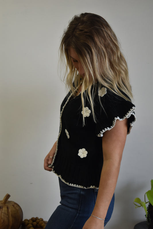 Crochet Floral Black Ruffle Cardigan