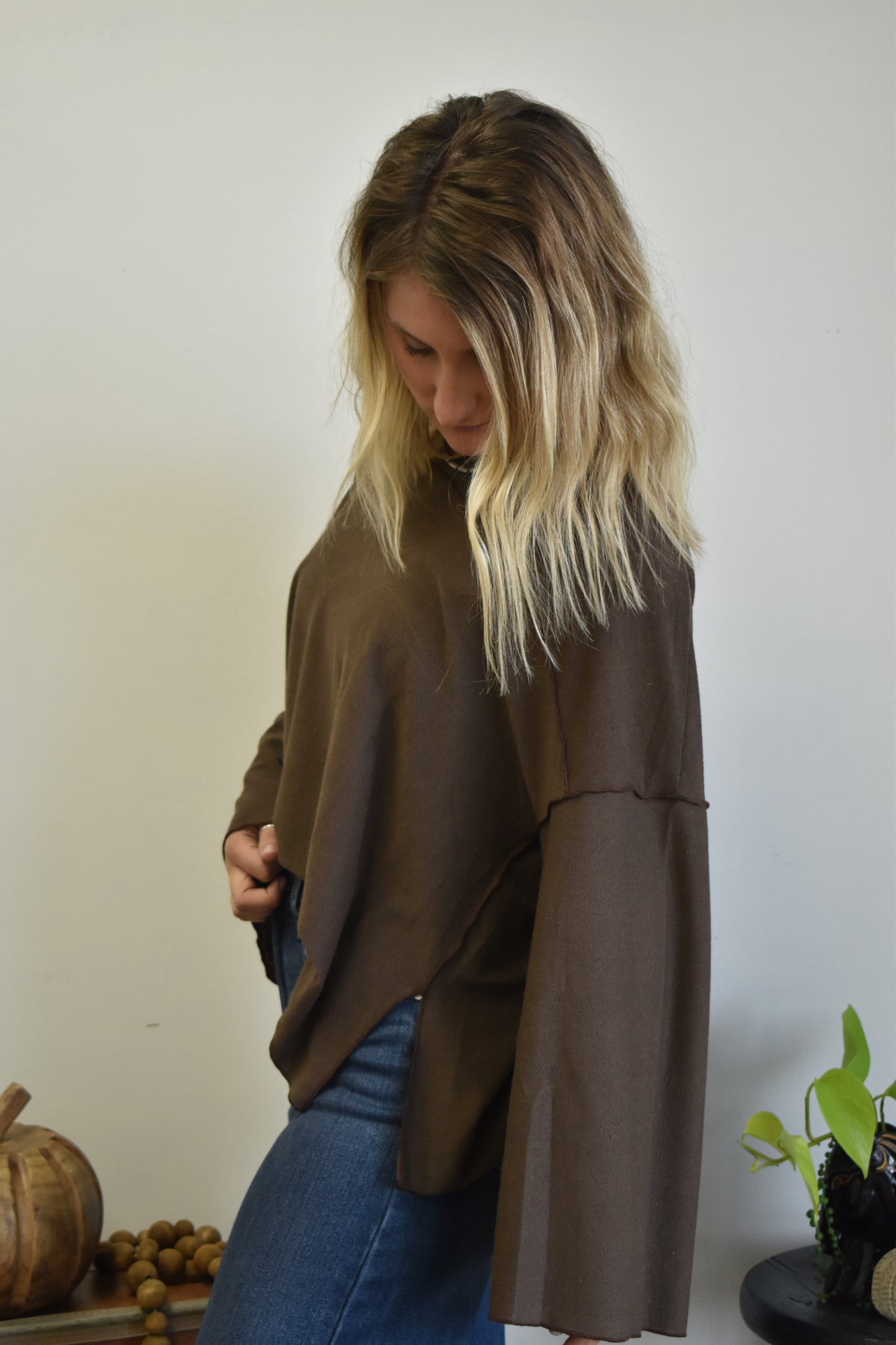 Bell Sleeve Brown Hooded Top