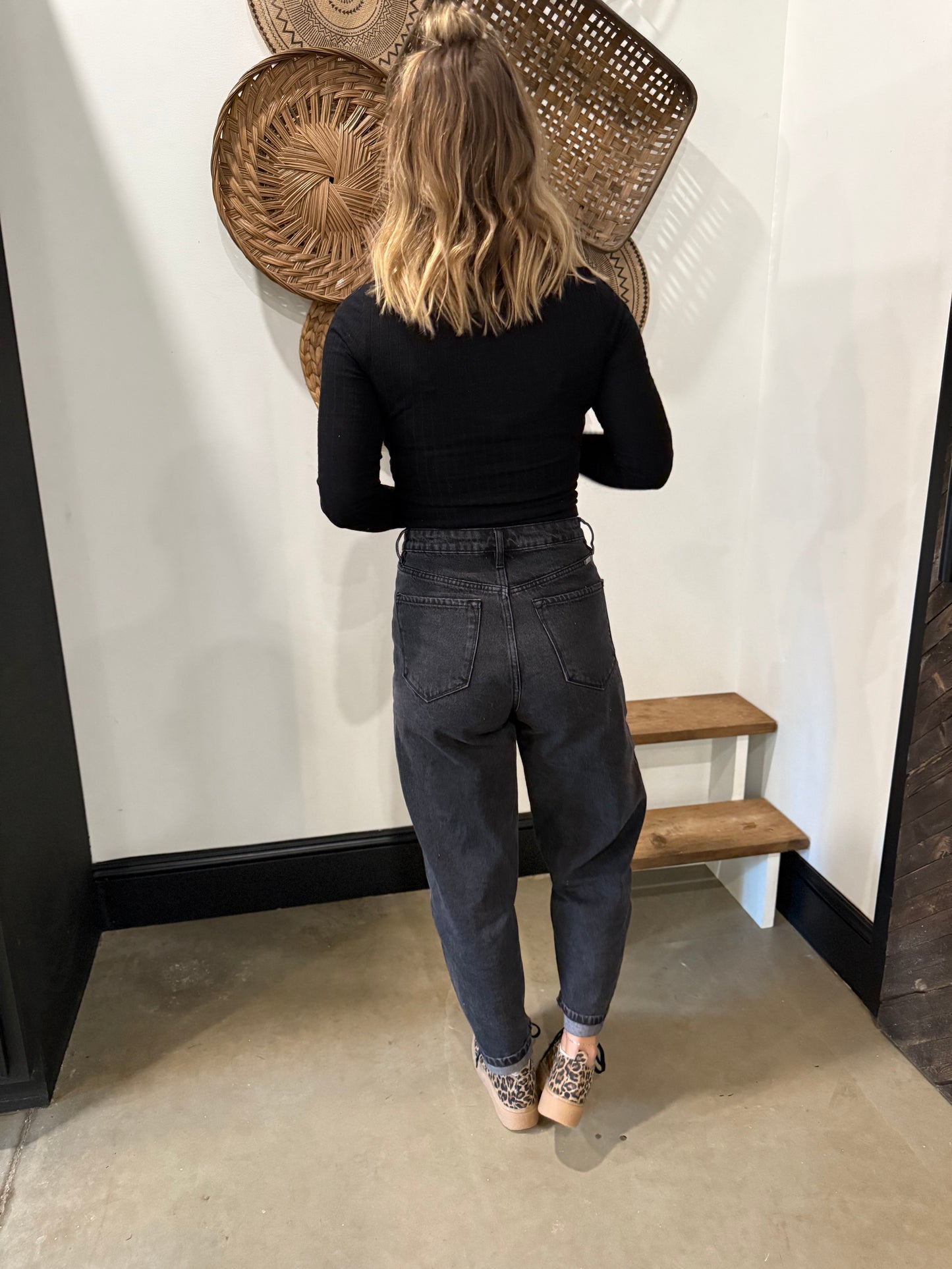 High Rise Black Barrel Leg Jeans