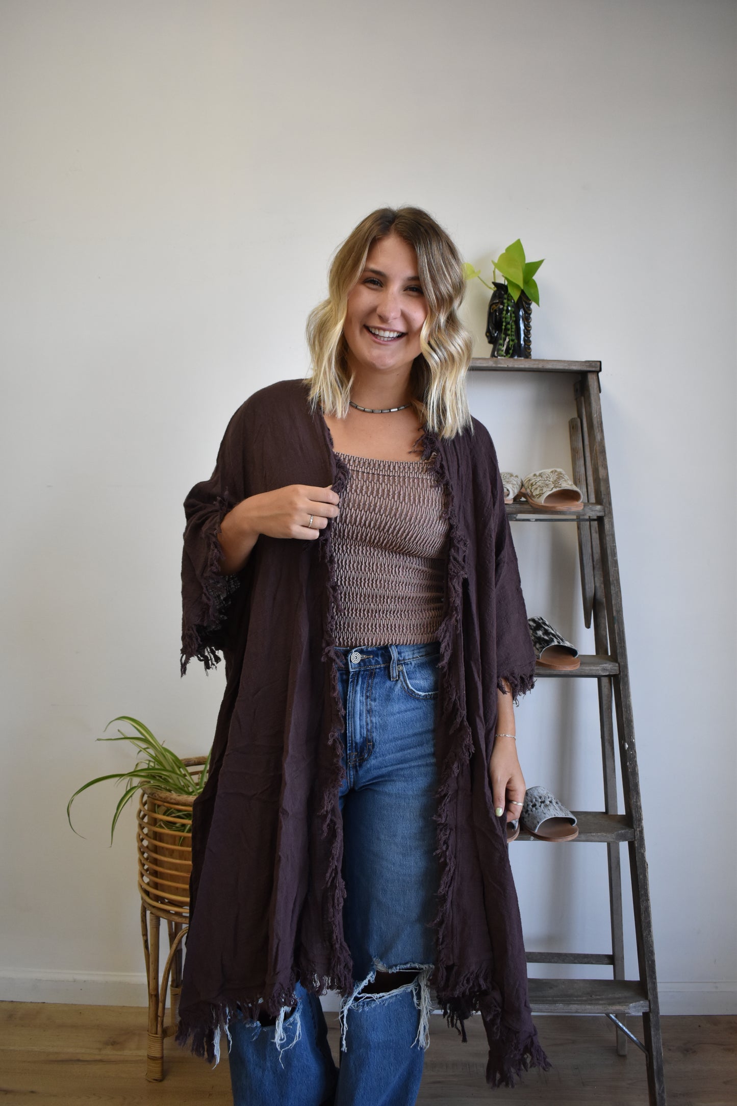Maroon Fringe Trim Long Cardigan