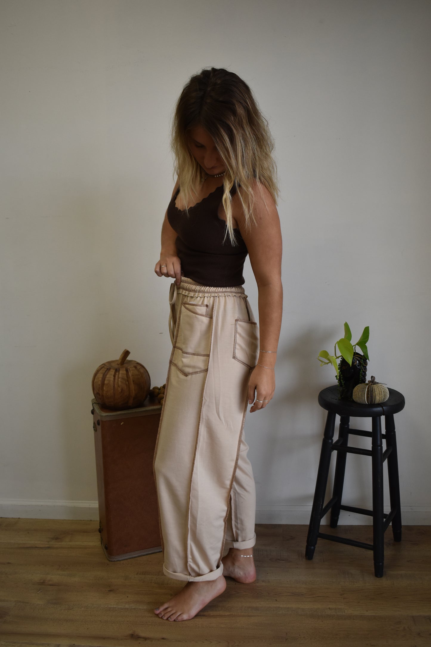 Cream Stitch Barrel Leg Joggers