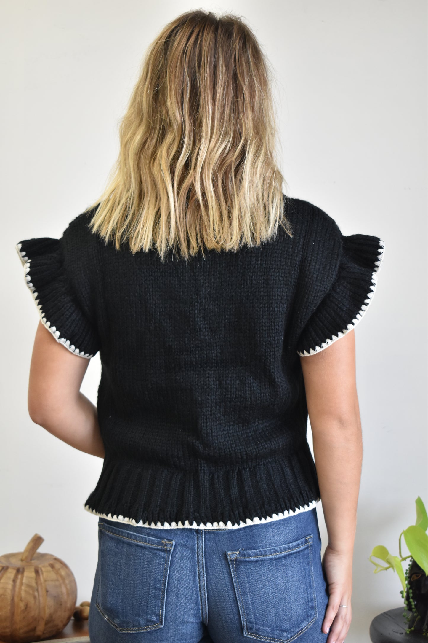 Crochet Floral Black Ruffle Cardigan