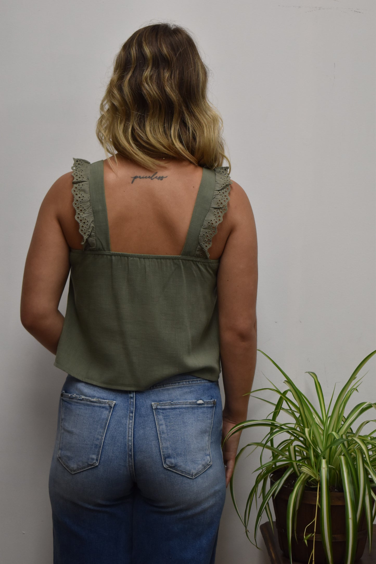 Square Neck Olive Ruffle Tank
