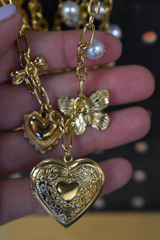Gold Butterfly & Locket Charm Necklace