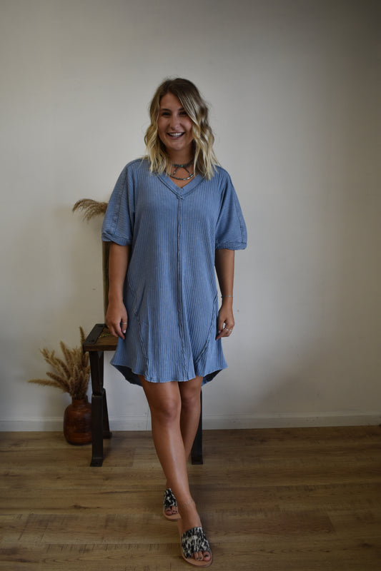 Denim Mineral Washed Ribbed Mini Dress