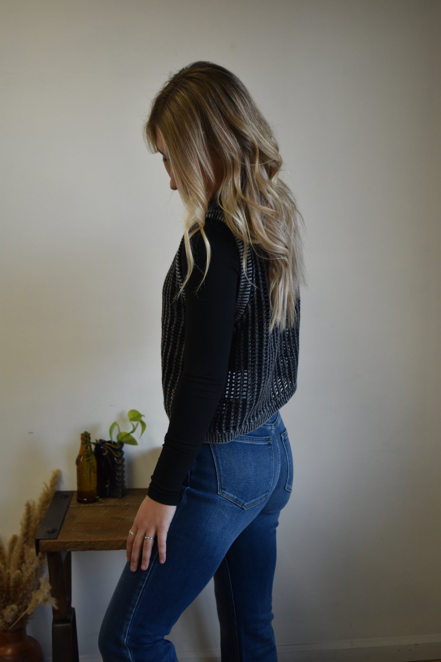 Black Waffle Throw-Over Vest