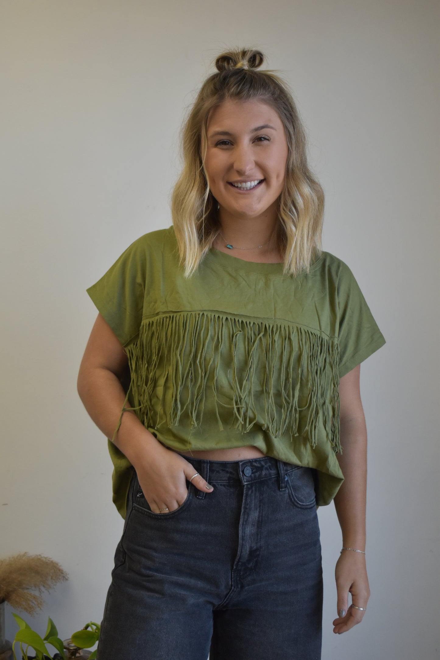 Olive Short Sleeve Fringe Top