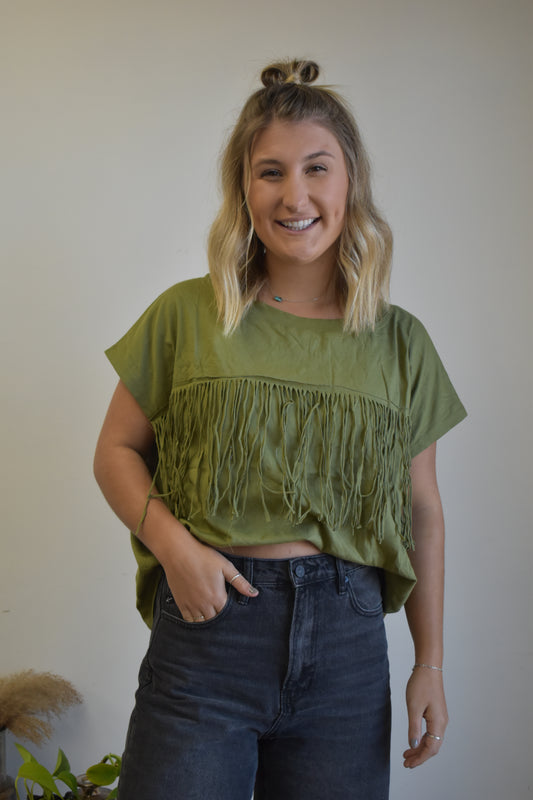 Olive Short Sleeve Fringe Top