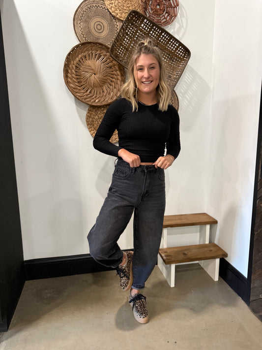 High Rise Black Barrel Leg Jeans