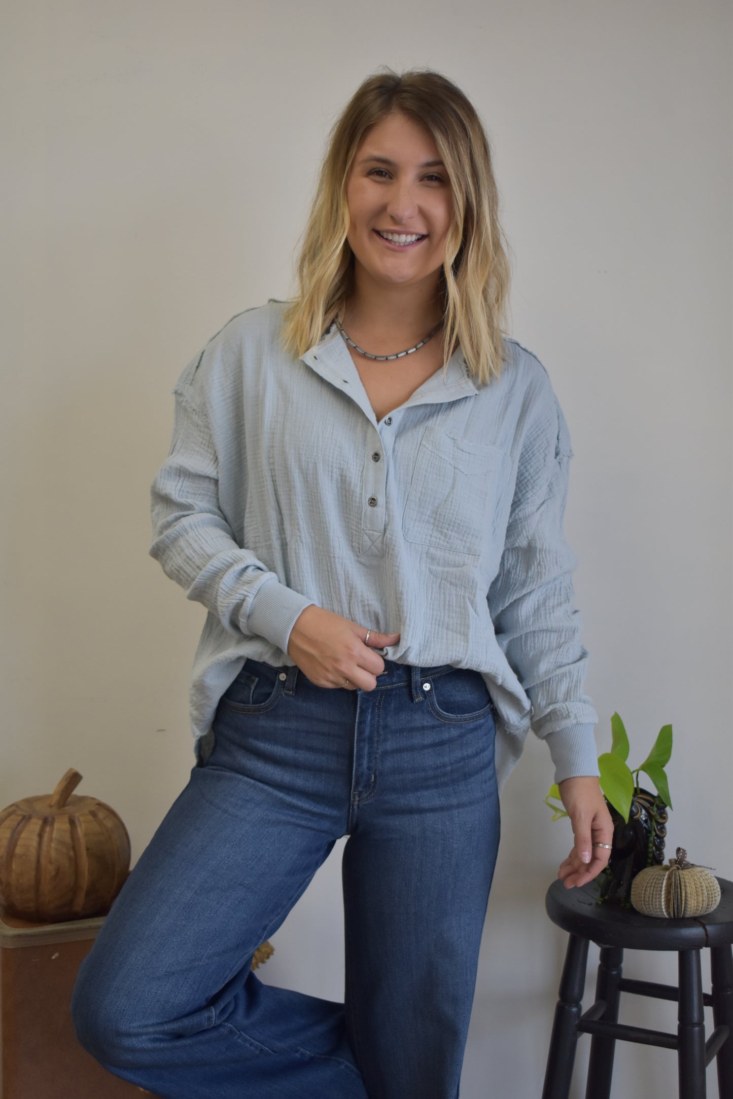 Slate Gauze Quarter Button Blouse