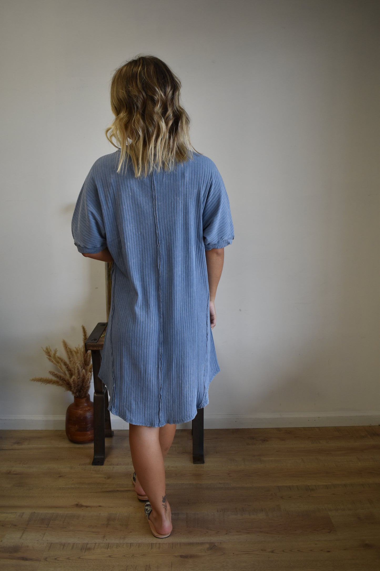 Denim Mineral Washed Ribbed Mini Dress