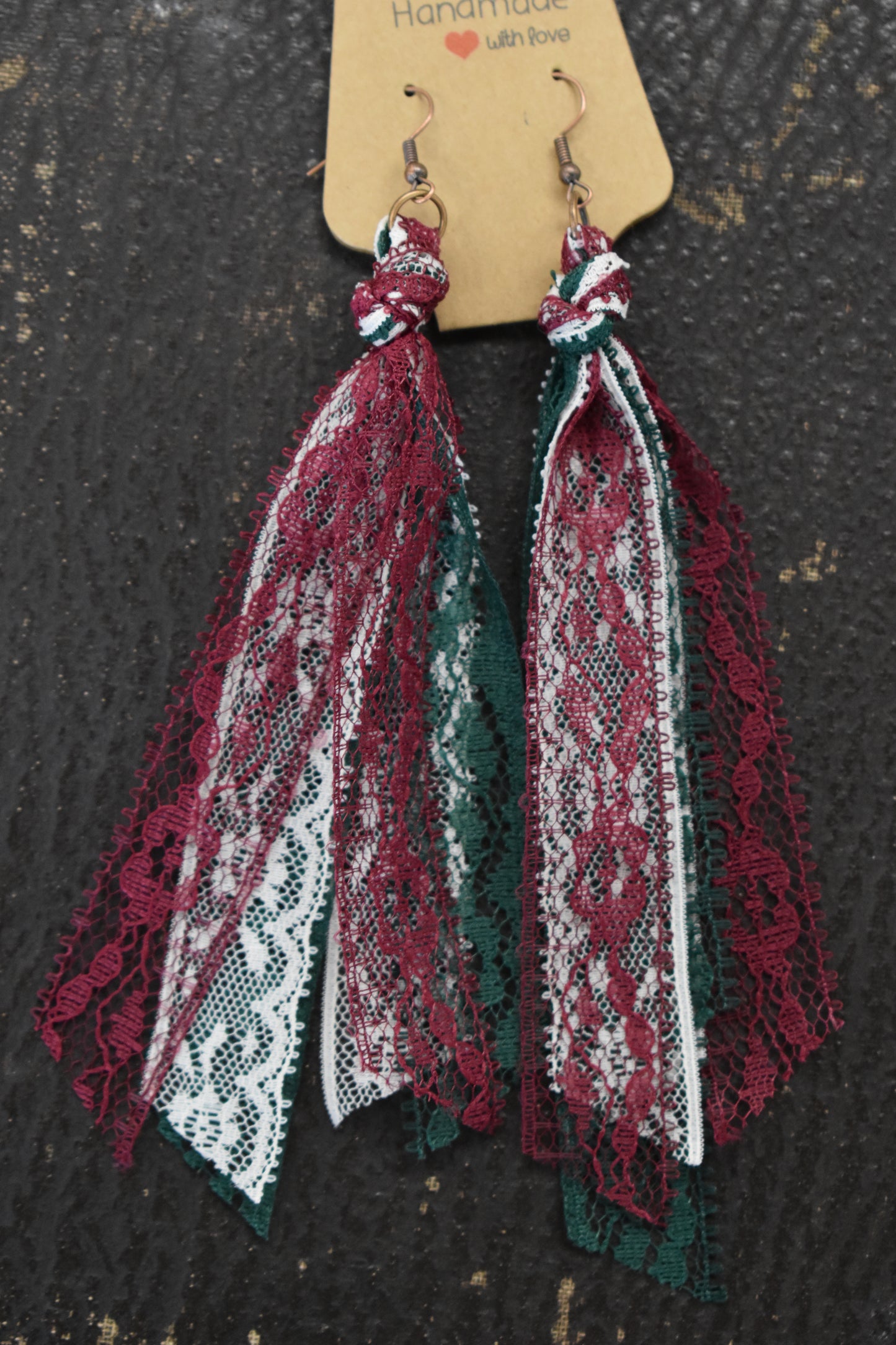 Maroon & Green Vintage Lace Tassel Earrings