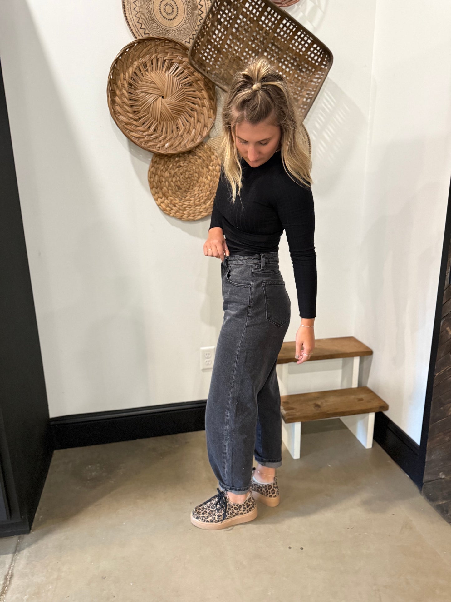 High Rise Black Barrel Leg Jeans