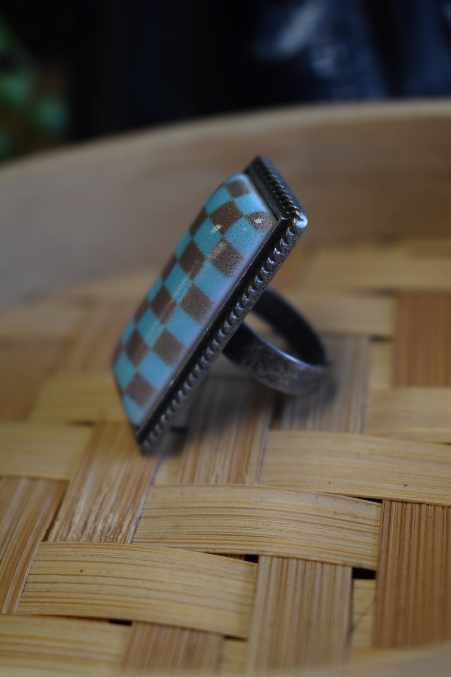Brown + Turquoise Checkered Ring