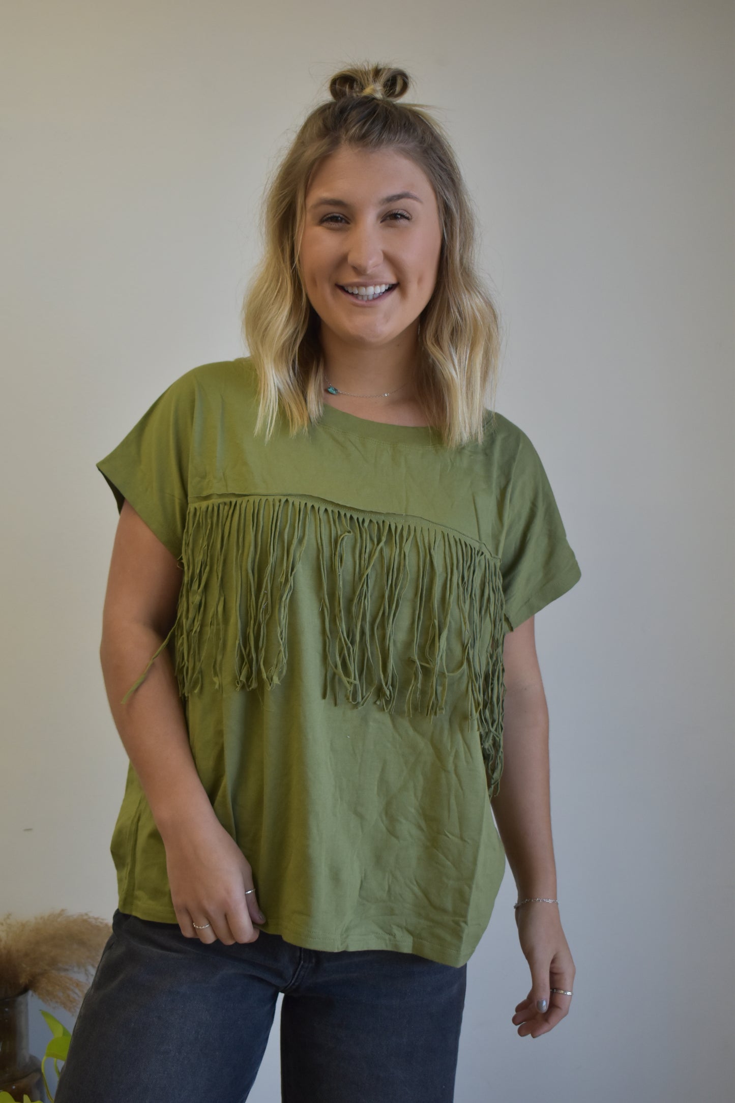 Olive Short Sleeve Fringe Top