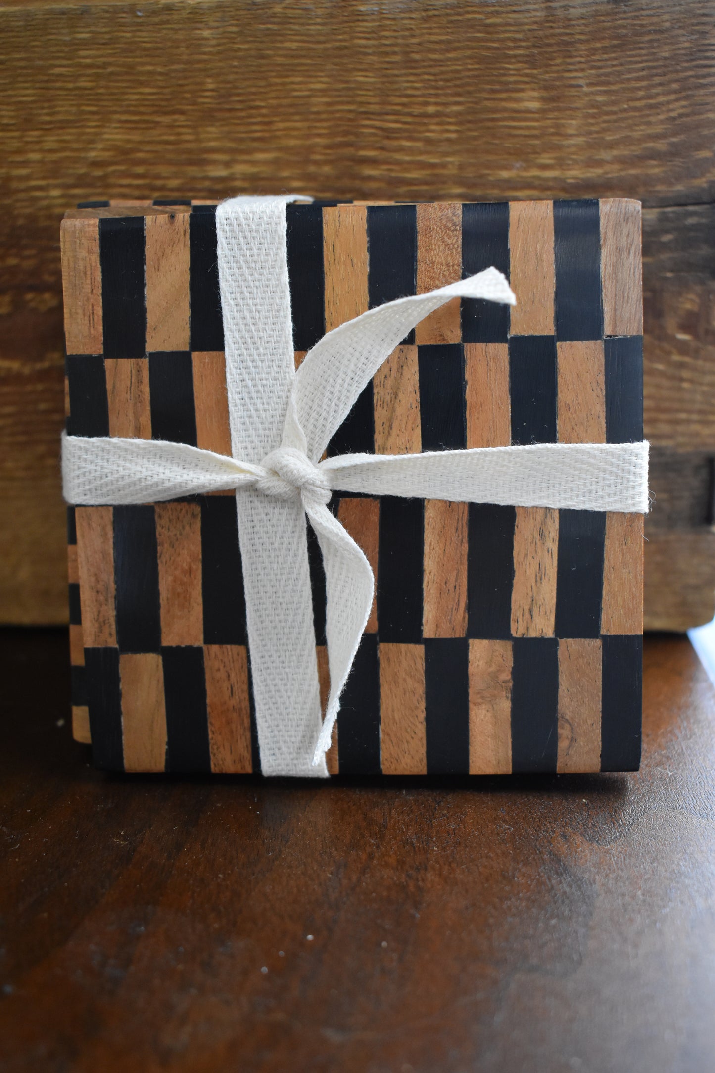 Black & Wood Checkered Coaster Set