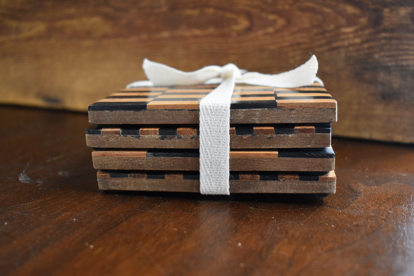 Black & Wood Checkered Coaster Set
