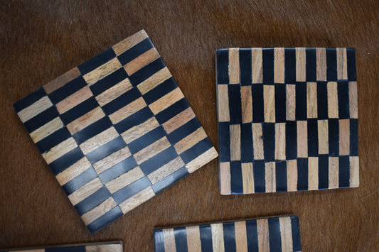 Black & Wood Checkered Coaster Set