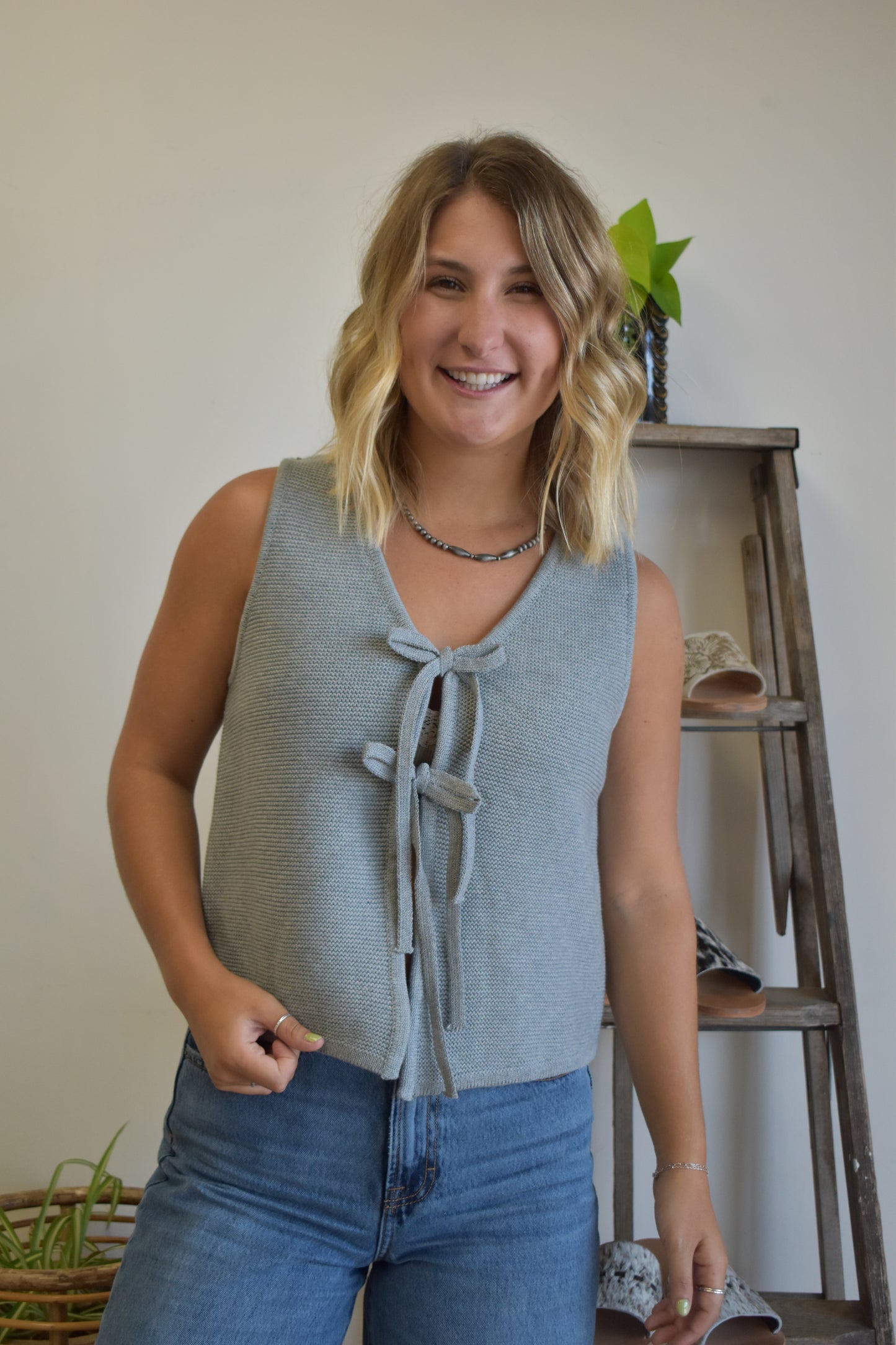 Waffle Knit Tie Tank: Heather Grey