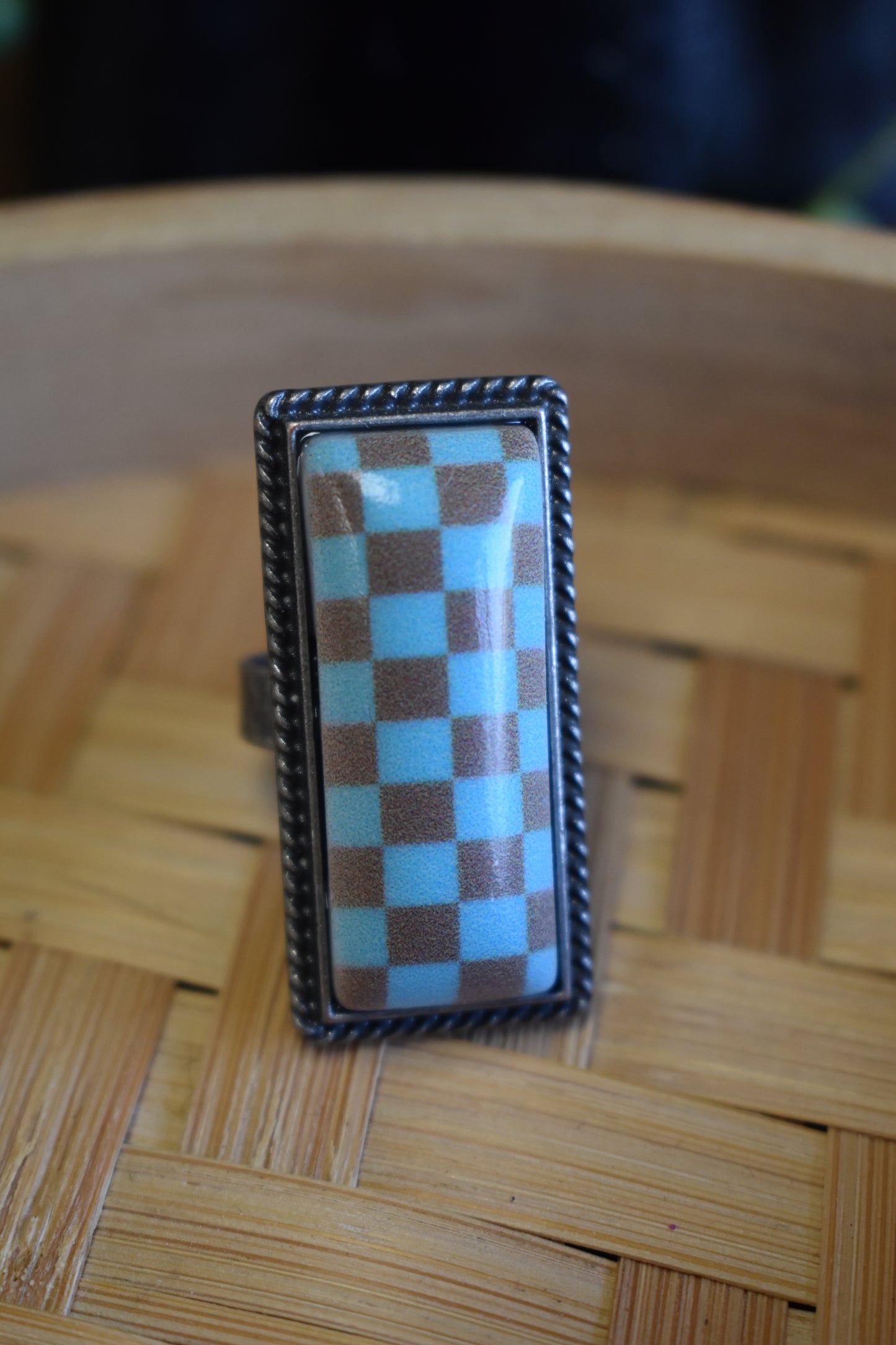 Brown + Turquoise Checkered Ring
