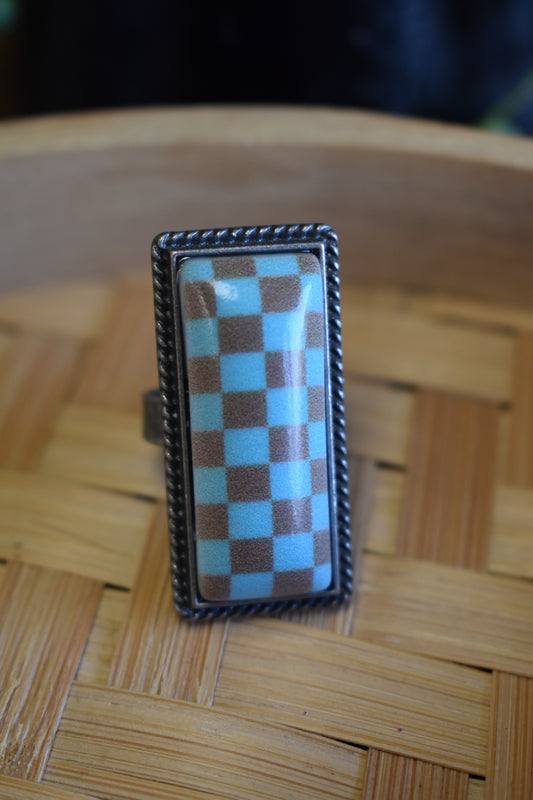 Brown + Turquoise Checkered Ring