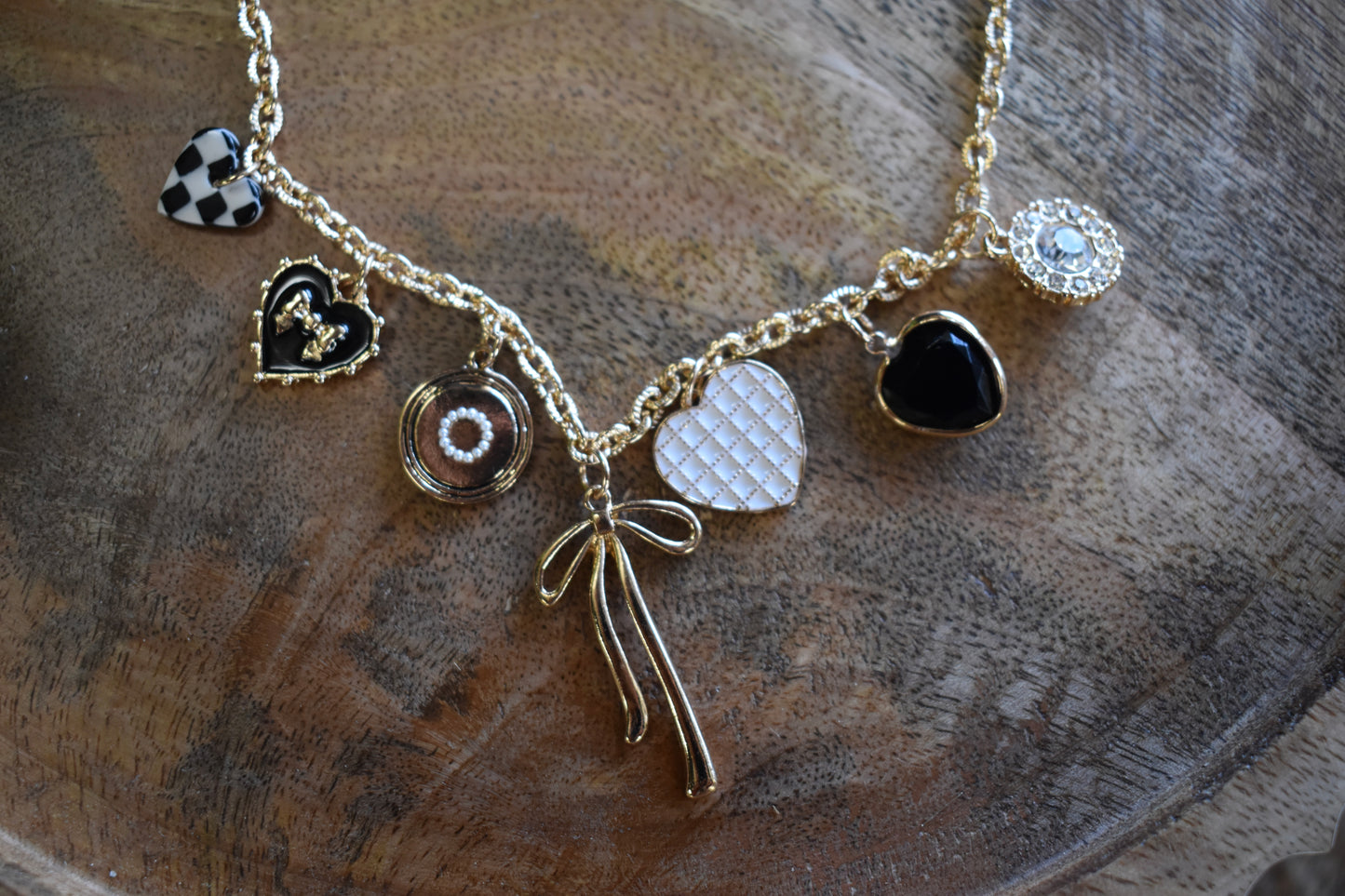 Checkered Gold Bow Charm Necklace