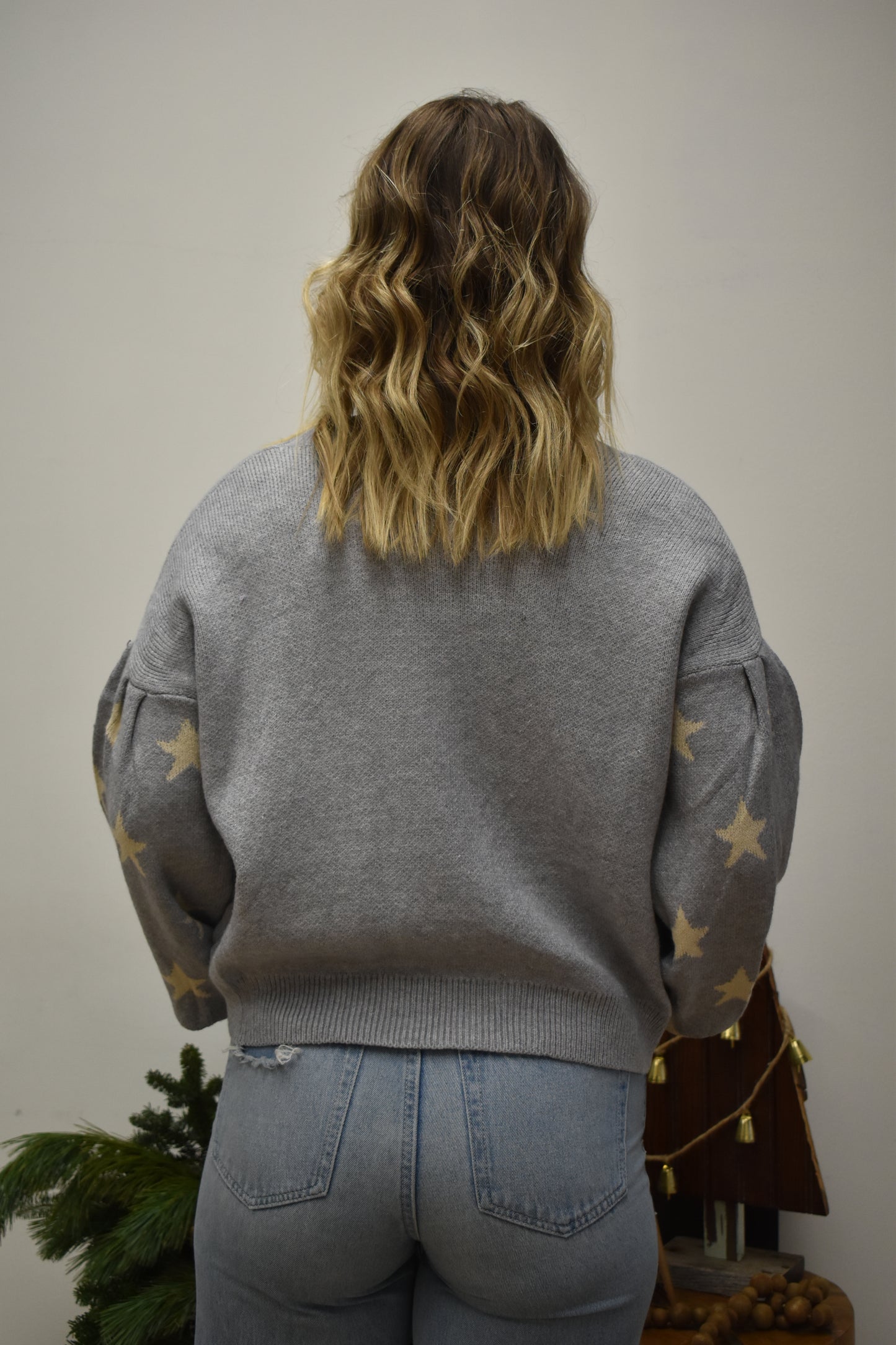 Grey Puff Sleeve Star Sweater
