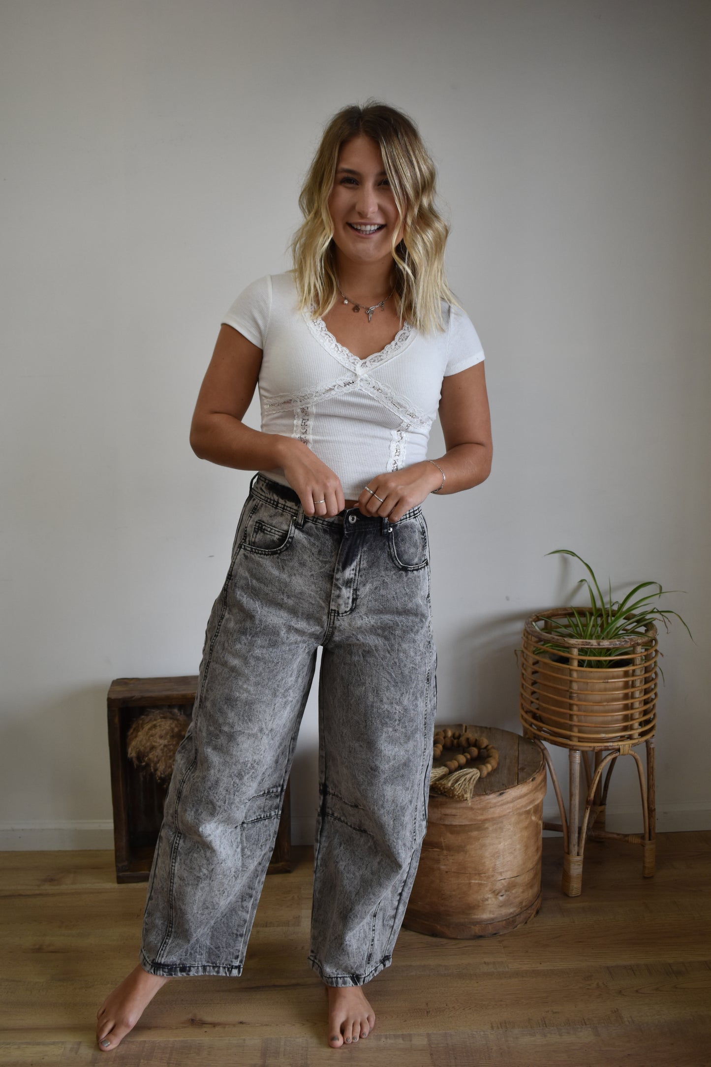 Grey Denim Barrel Leg Jeans