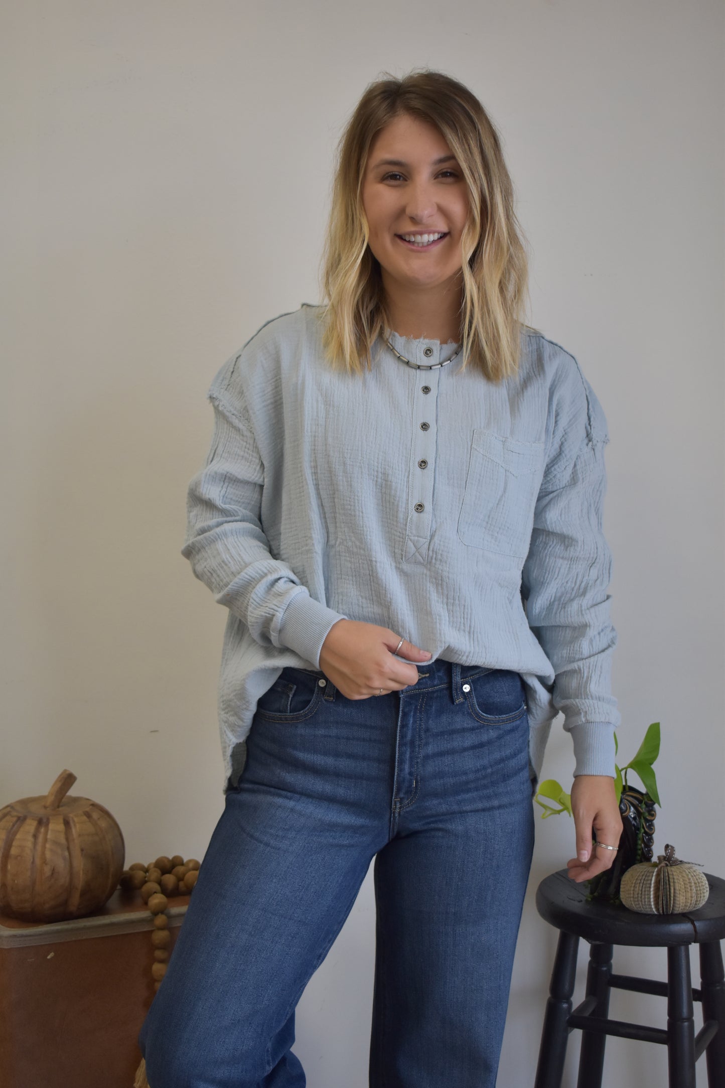 Slate Gauze Quarter Button Blouse