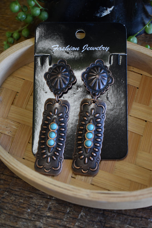Copper Concho Bar Turquoise Earrings