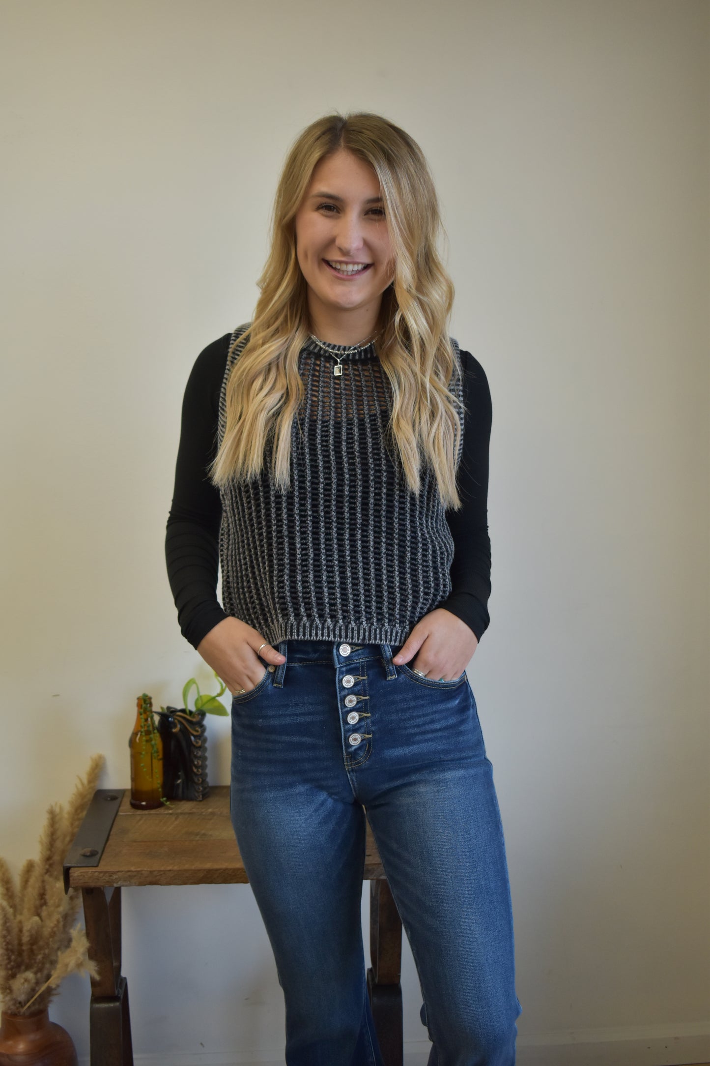 Black Waffle Throw-Over Vest