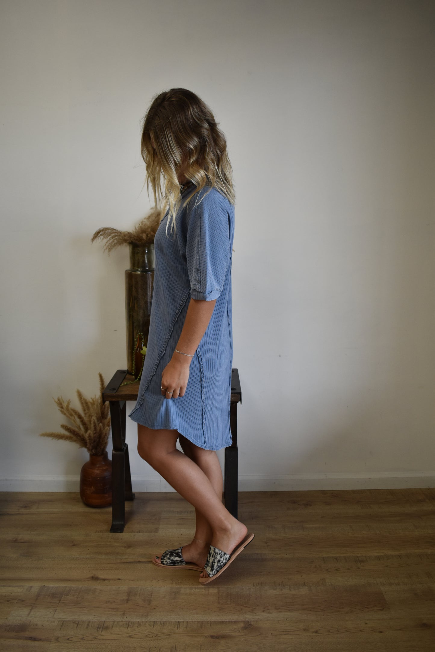 Denim Mineral Washed Ribbed Mini Dress