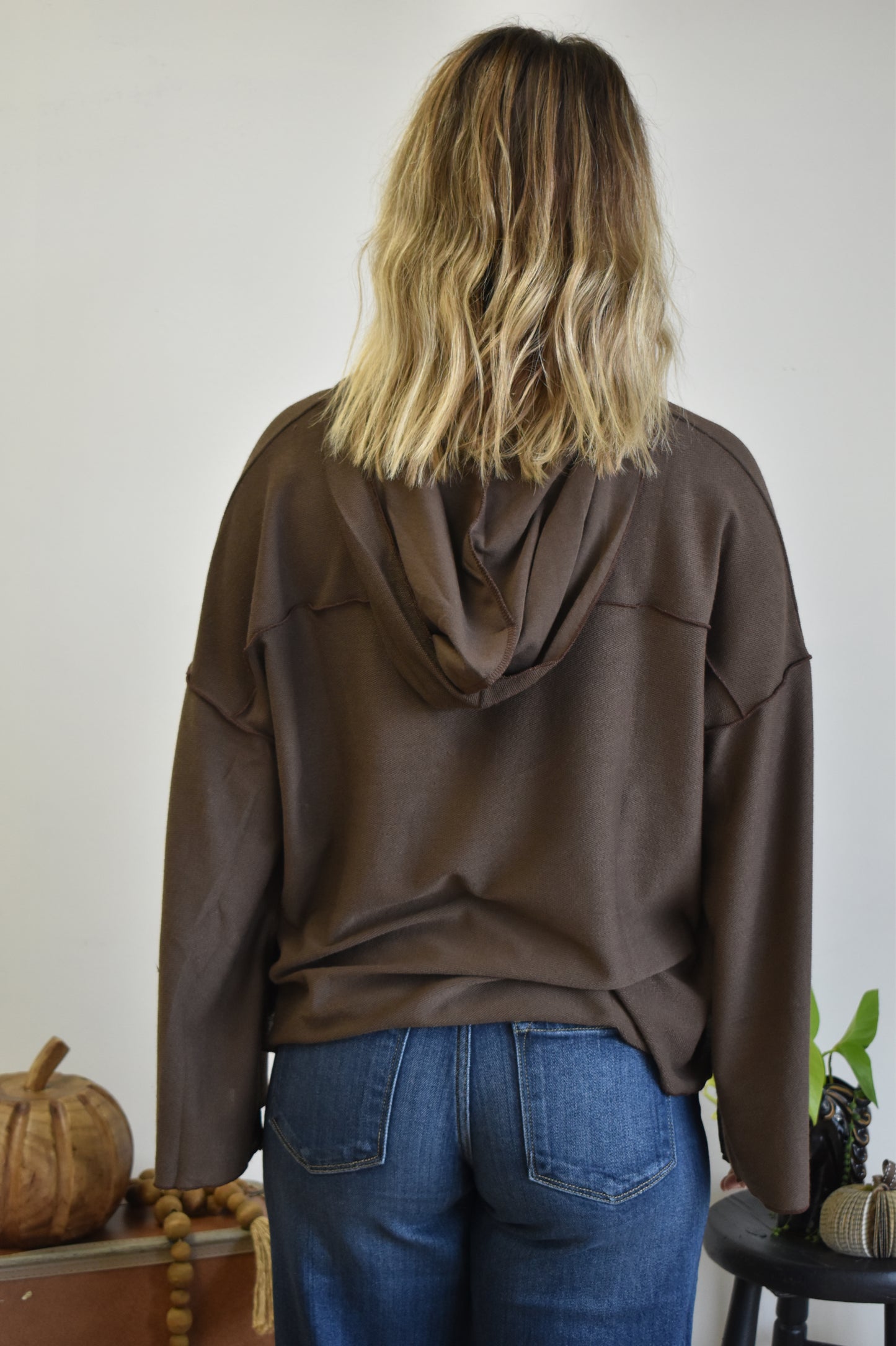 Bell Sleeve Brown Hooded Top