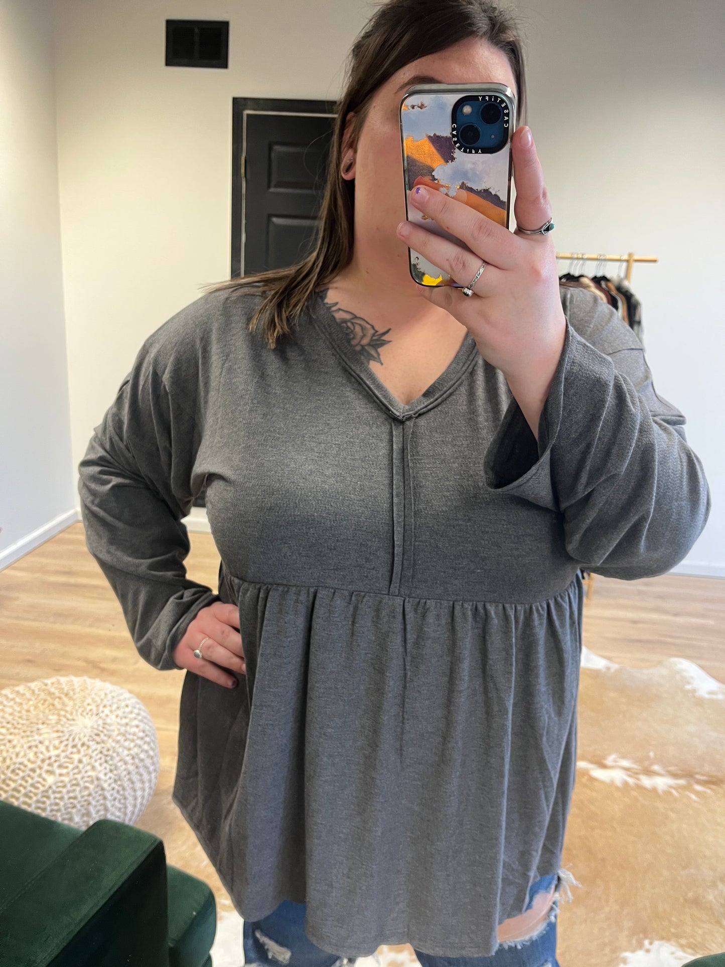 PLUS Charcoal High-Low BabyDoll Blouse