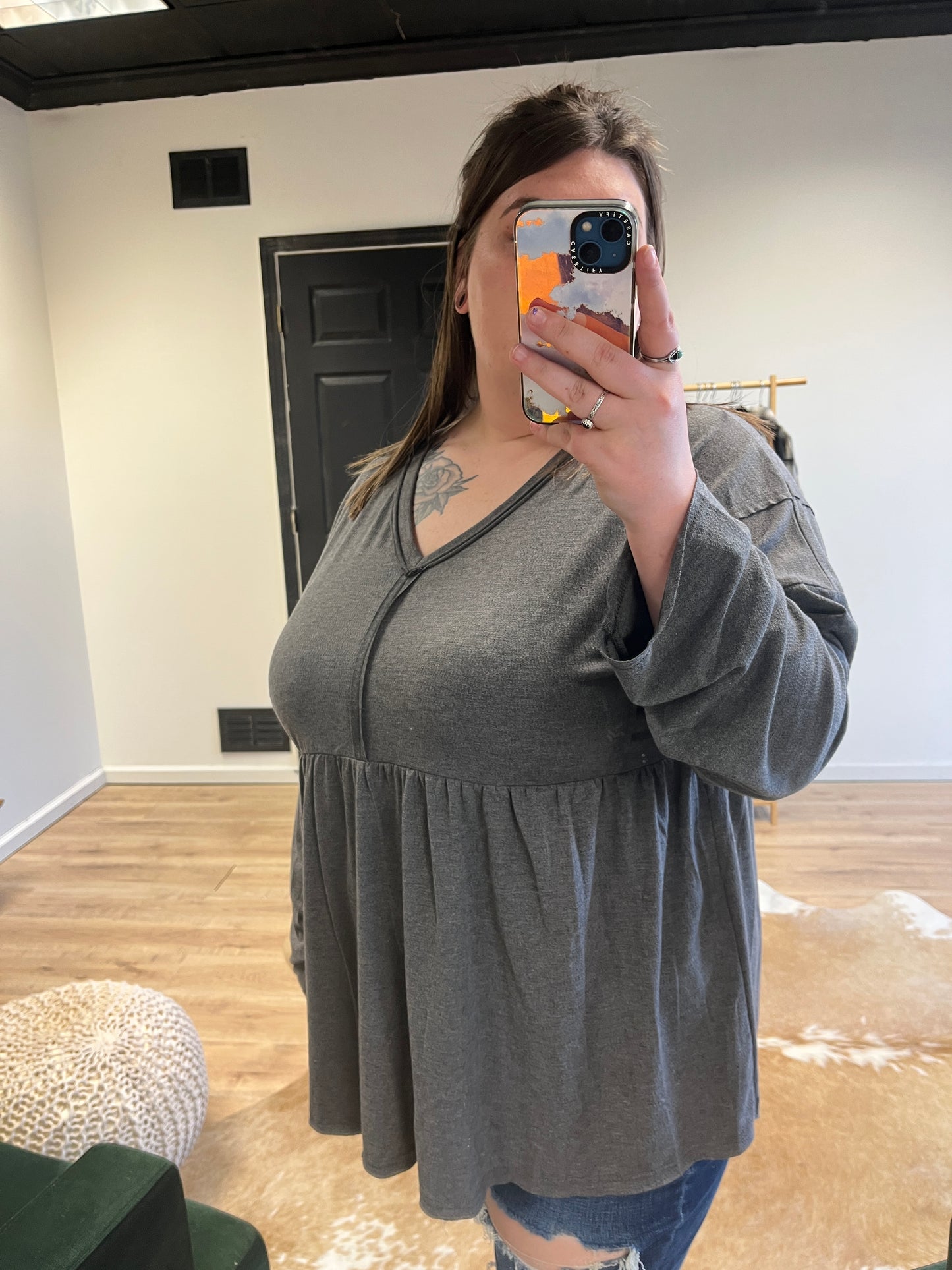 PLUS Charcoal High-Low BabyDoll Blouse