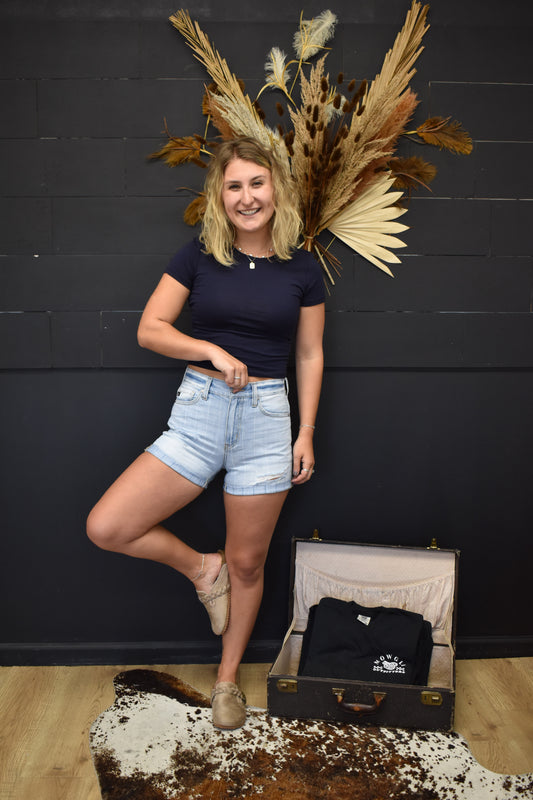 Light Wash Striped Denim Short