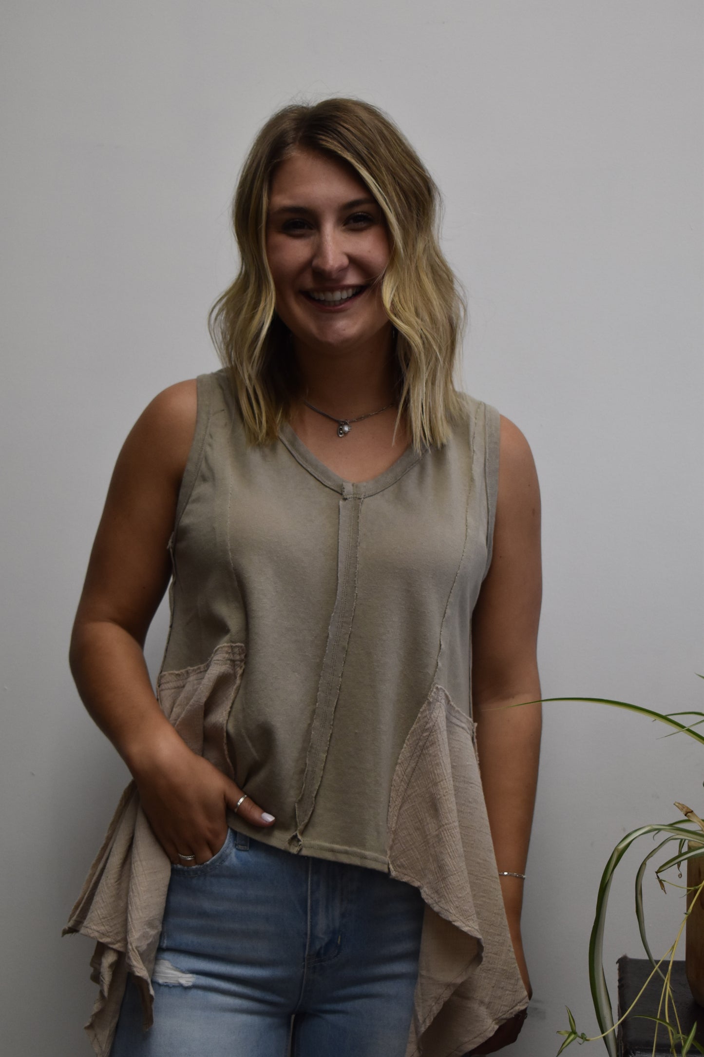 Taupe High-Low Babydoll Tank