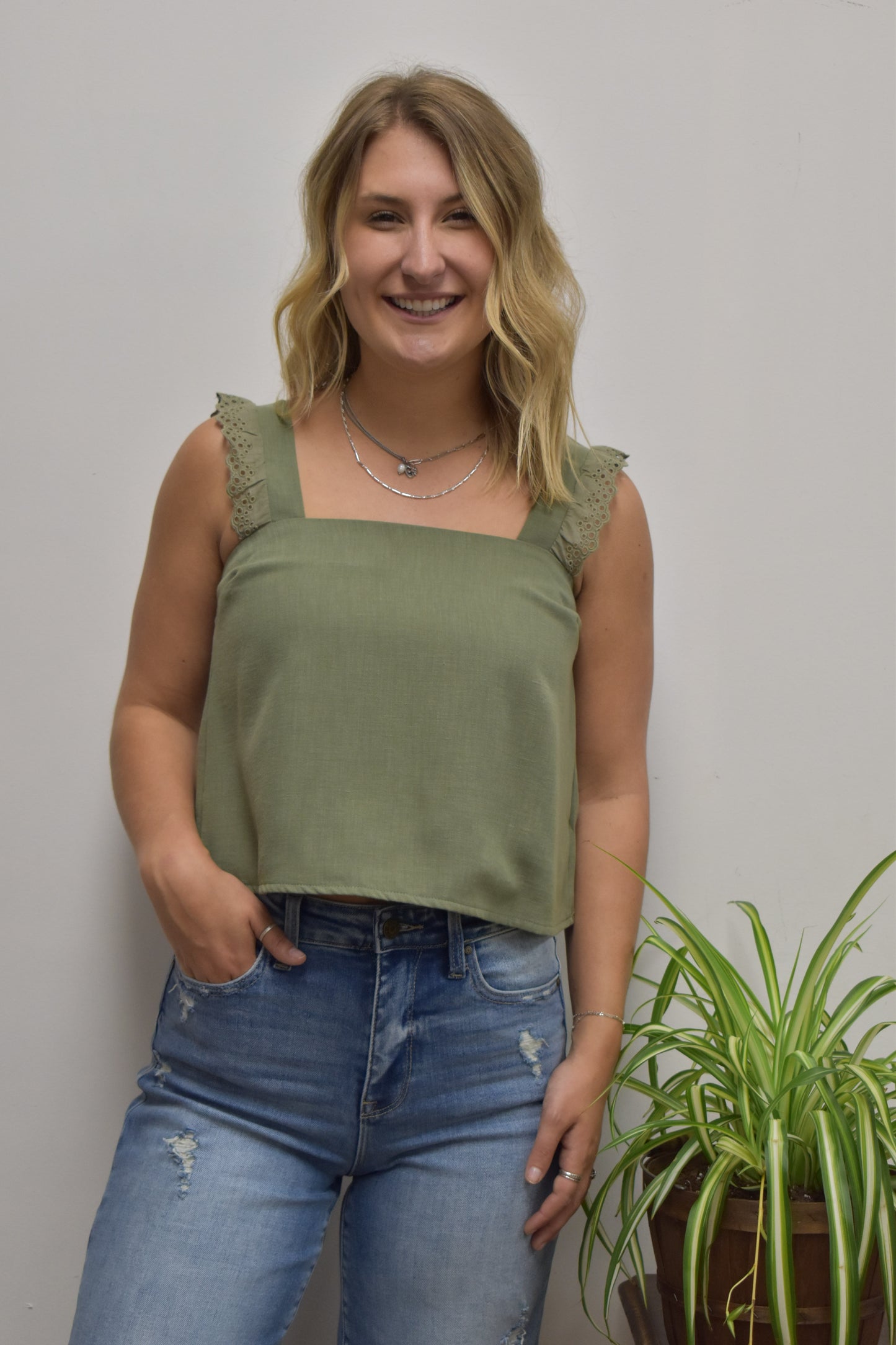 Square Neck Olive Ruffle Tank